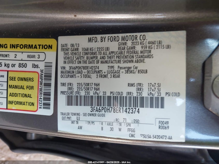 2014 FORD FUSION VIN: 3FA6P0H78ER142374
