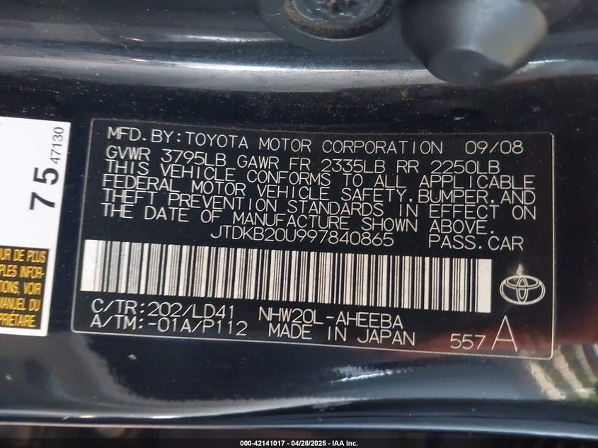 2009 TOYOTA PRIUS VIN: JTDKB20U997840865