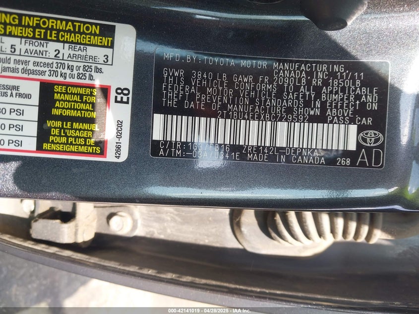 2011 TOYOTA COROLLA VIN: 2T1BU4EEXBC729592
