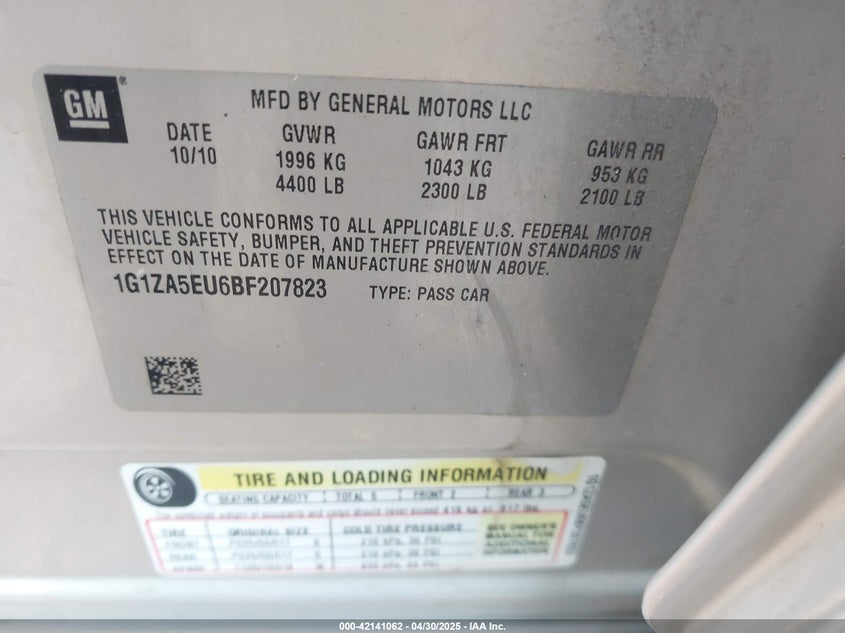 2011 CHEVROLET MALIBU VIN: 1G1ZA5EU6BF207823