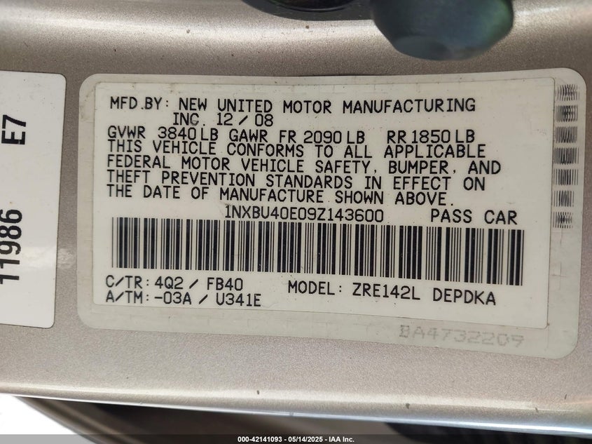 2009 TOYO COROLLA LE AUTOMATIC VIN: 1NXBU40E09Z143600