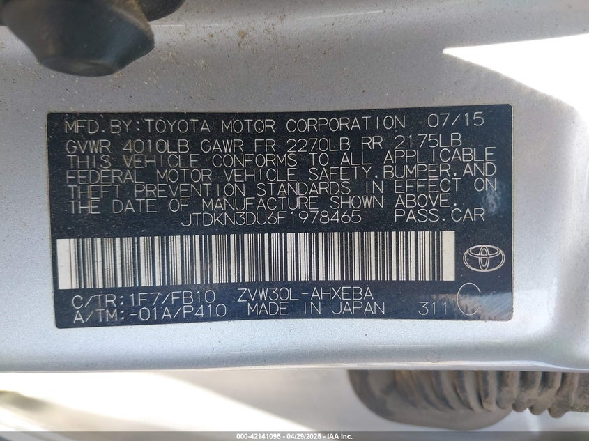 2015 TOYOTA PRIUS VIN: JTDKN3DU6F1978465