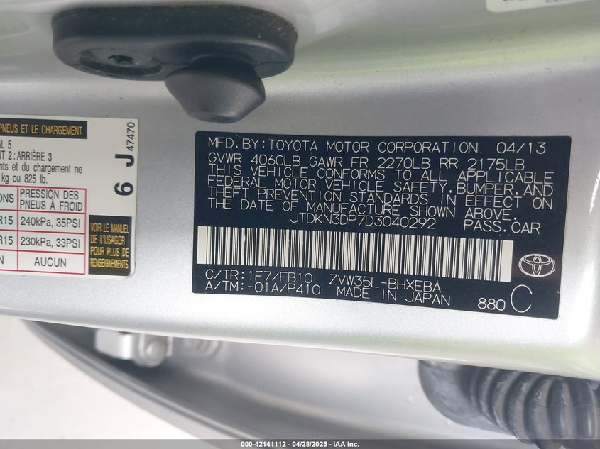 2013 TOYOTA PRIUS PLUG-IN VIN: JTDKN3DP7D3040292