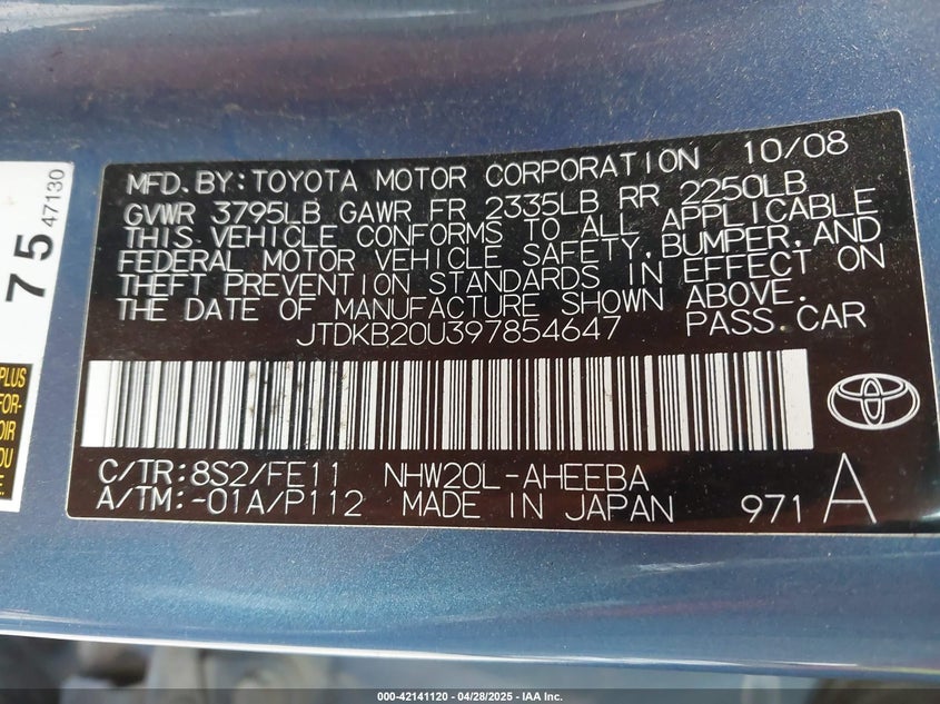 2009 TOYOTA PRIUS VIN: JTDKB20U397854647