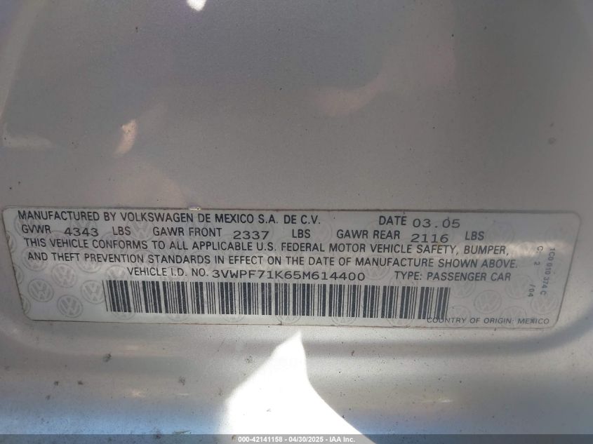 2005 Volkswagen Jetta Value Edition VIN: 3VWPF71K65M614400 Lot: 42141158