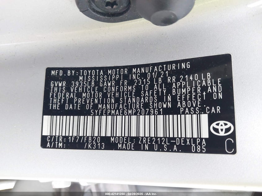 2021 TOYOTA COROLLA VIN: 5YFEPMAE6MP207961