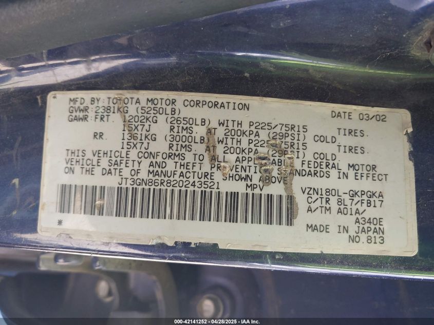 2002 Toyota 4Runner Sr5 V6 VIN: JT3GN86R820243521 Lot: 42141252