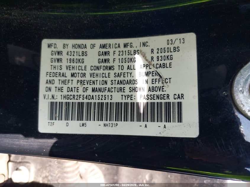2013 HONDA ACCORD VIN: 1HGCR2F54DA152513