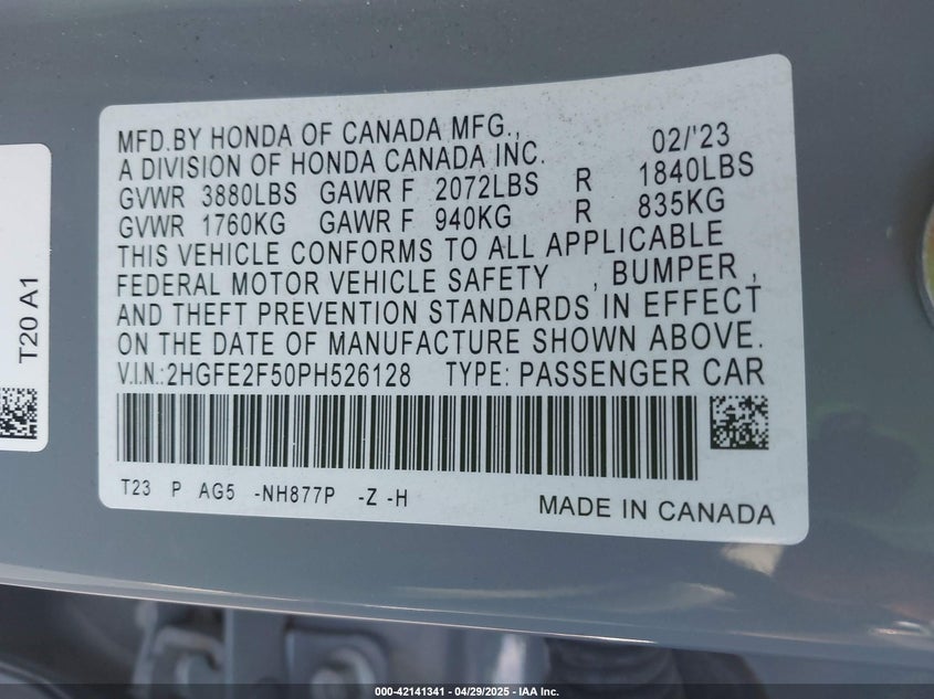 2023 HONDA CIVIC VIN: 2HGFE2F50PH526128