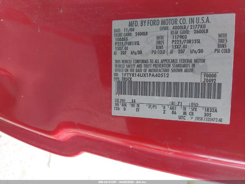 2001 Ford Ranger Edge/Xl/Xlt VIN: 1FTYR14UX1PA40512 Lot: 42141397