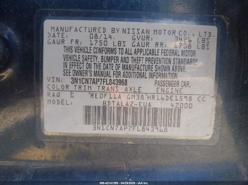 2015 Nissan Versa 1.6 S+ VIN: 3N1CN7AP7FL843968 Lot: 42141399