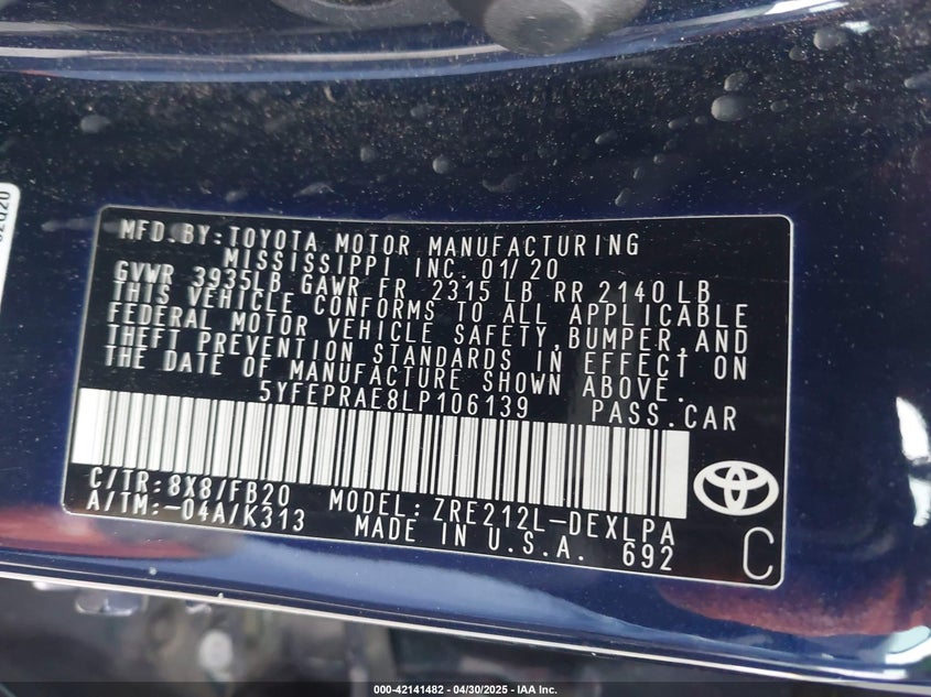 2020 TOYOTA COROLLA LE - 5YFEPRAE8LP106139