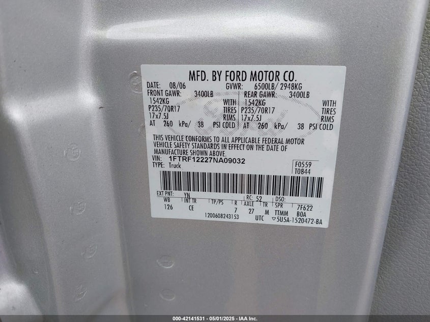2007 FORD F-150 VIN: 1FTRF12227NA09032