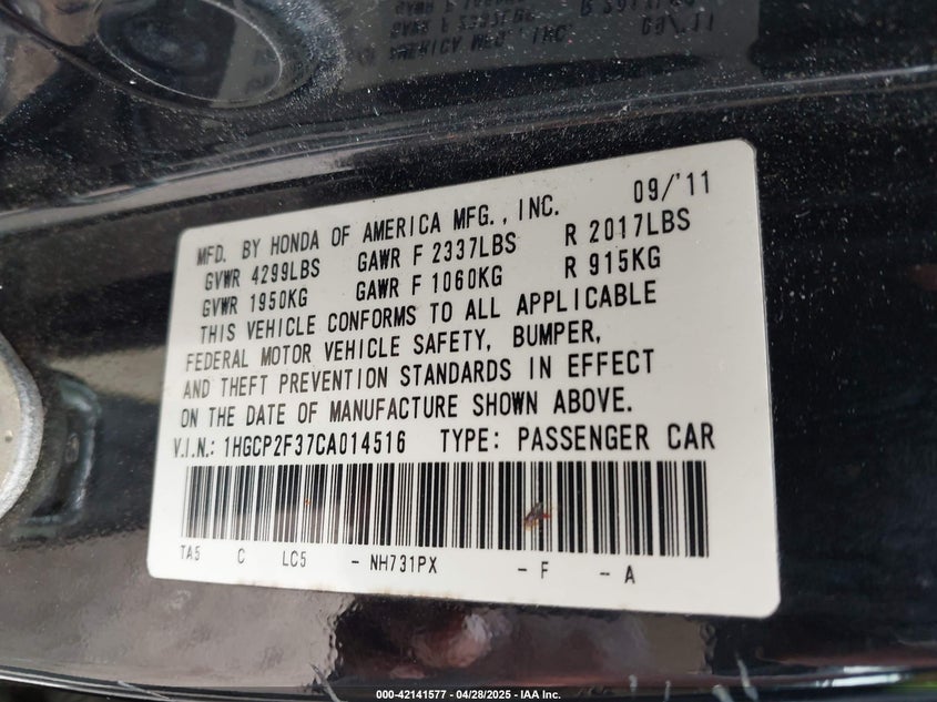 2012 HONDA ACCORD VIN: 1HGCP2F37CA014516