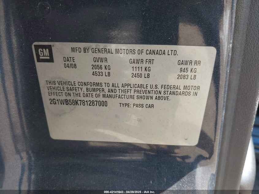 2008 CHEVROLET IMPALA VIN: 2G1WB58K781287000