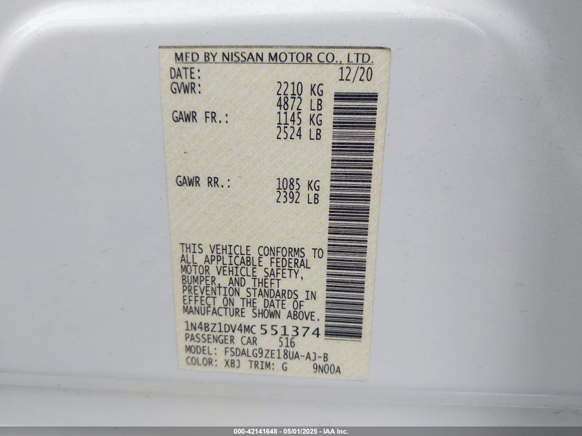 2021 NISSAN LEAF VIN: 1N4BZ1DV4MC551374