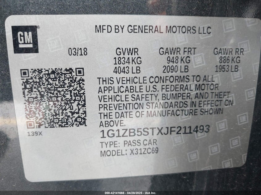 2018 CHEVROLET MALIBU VIN: 1G1ZB5STXJF211493