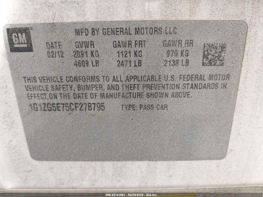 2012 Chevrolet Malibu 2Lz VIN: 1G1ZG5E75CF278795 Lot: 42141881