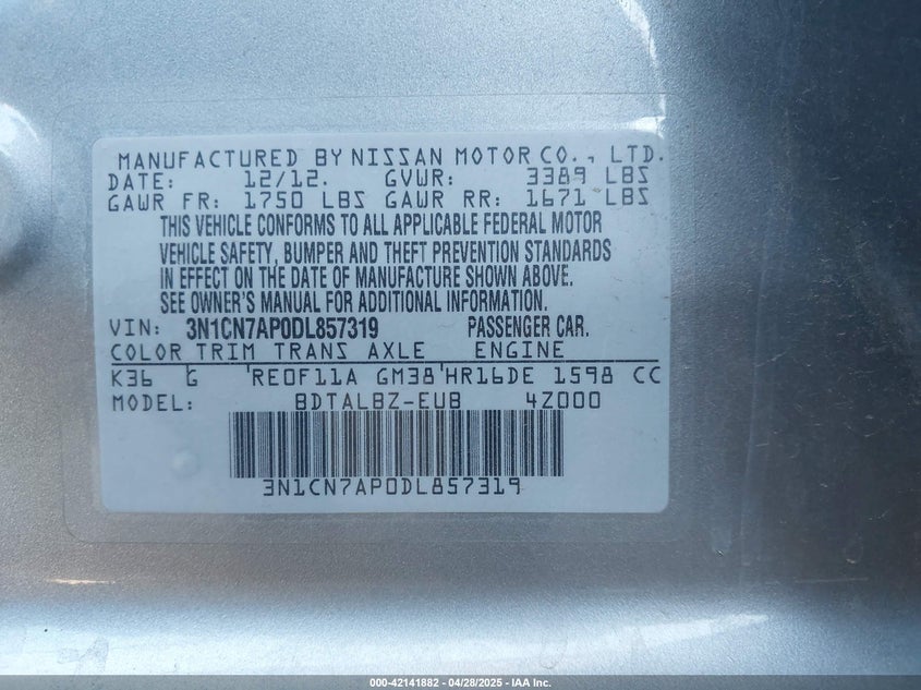 2013 Nissan Versa 1.6 Sv VIN: 3N1CN7AP0DL857319 Lot: 42141882