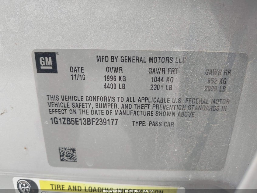 2011 CHEVROLET MALIBU VIN: 1G1ZB5E13BF239177