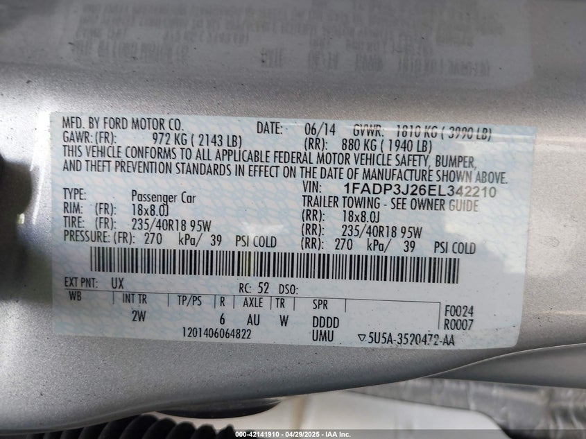 2014 FORD FOCUS VIN: 1FADP3J26EL342210