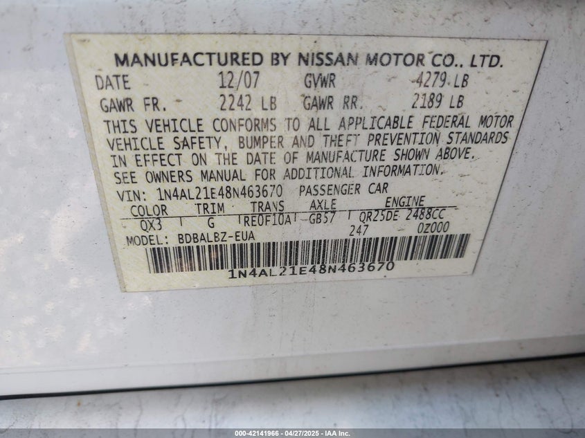 2008 NISSAN ALTIMA VIN: 1N4AL21E48N463670