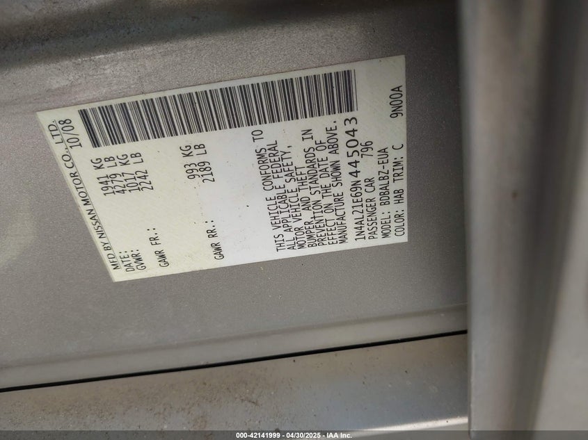 2009 NISSAN ALTIMA VIN: 1N4AL21E69N445043