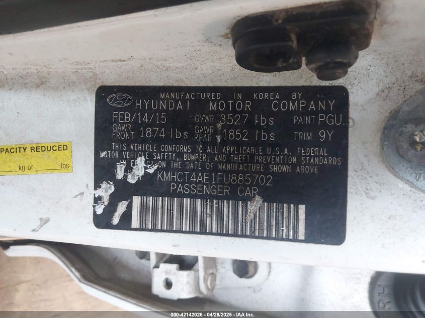 2015 Hyundai Accent Gls VIN: KMHCT4AE1FU885702 Lot: 43424279