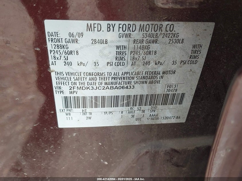 2010 FORD EDGE VIN: 2FMDK3JC2ABA06433