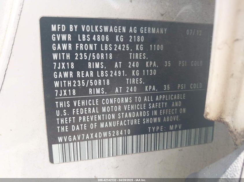 2013 VOLKSWAGEN TIGUAN VIN: WVGAV7AX4DW528410