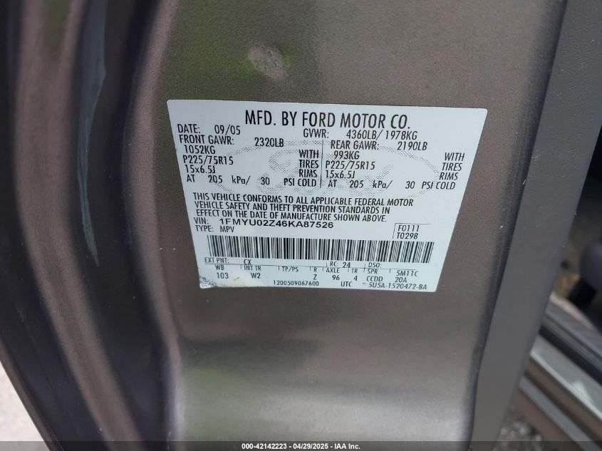 2006 Ford Escape VIN: 1FMYUO2Z46KA87526 Lot: 42142223