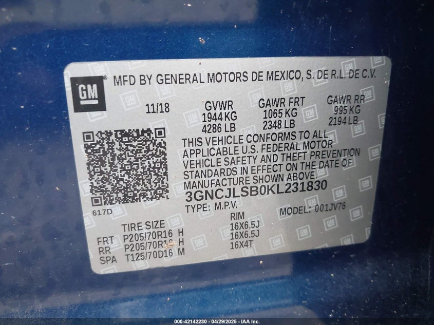 2019 CHEVROLET TRAX LT - 3GNCJLSB0KL231830