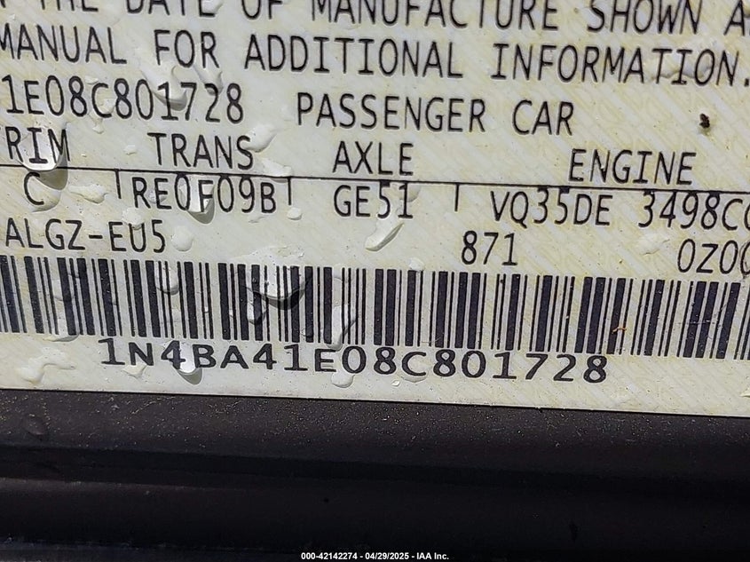 2008 NISSAN MAXIMA VIN: 1N4BA41E08C801728