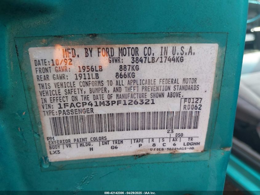 1993 Ford Mustang Lx VIN: 1FACP41M3PF126321 Lot: 42142306