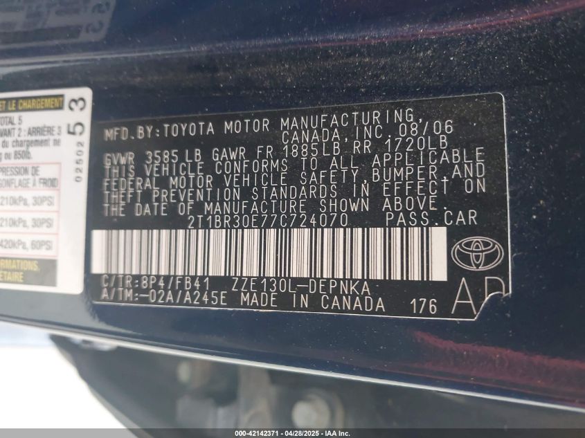 2007 Toyota Corolla Le VIN: 2T1BR30E77C724070 Lot: 42142371