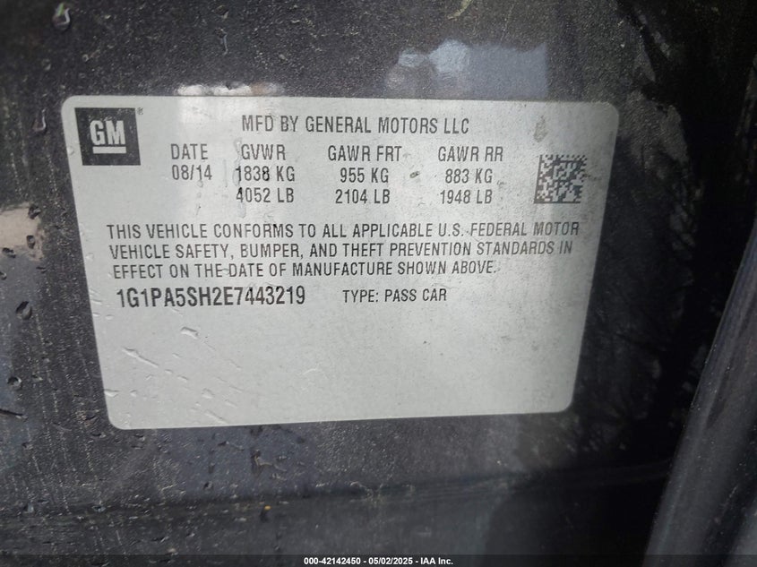 2014 CHEVROLET CRUZE VIN: 1G1PA5SH2E7443219