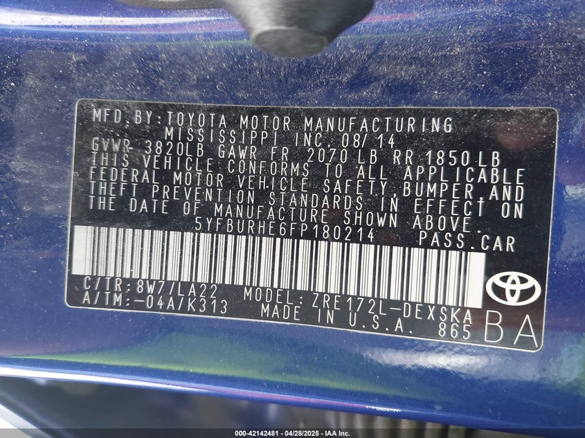 2015 TOYOTA COROLLA VIN: 5YFBURHE6FP180214