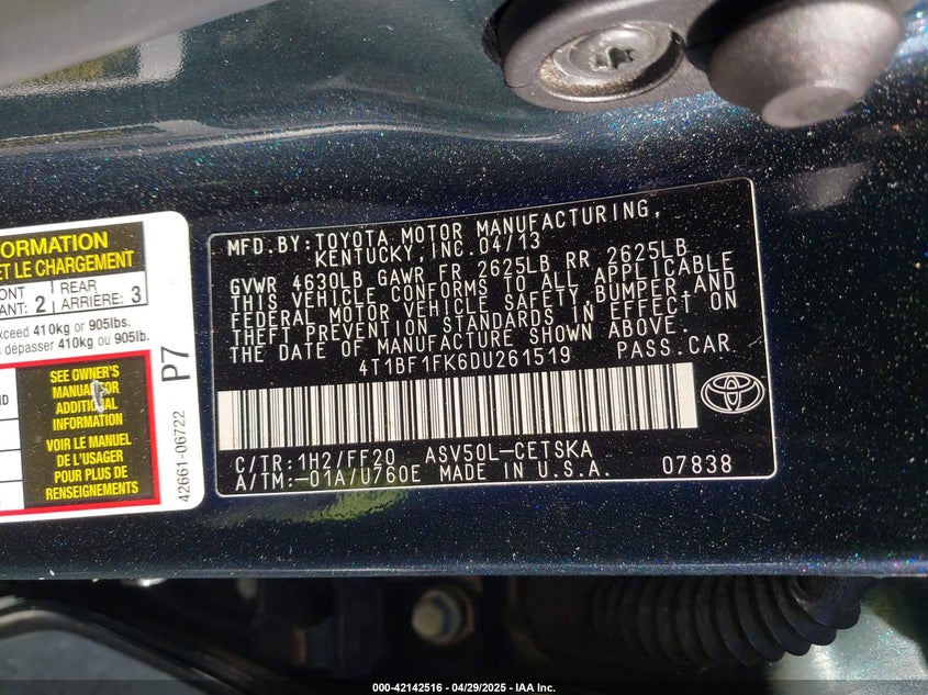 2013 TOYOTA CAMRY VIN: 4T1BF1FK6DU261519