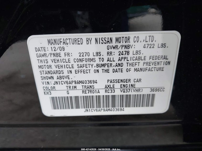 2010 INFINITI G37 VIN: JN1CV6AP9AM403694
