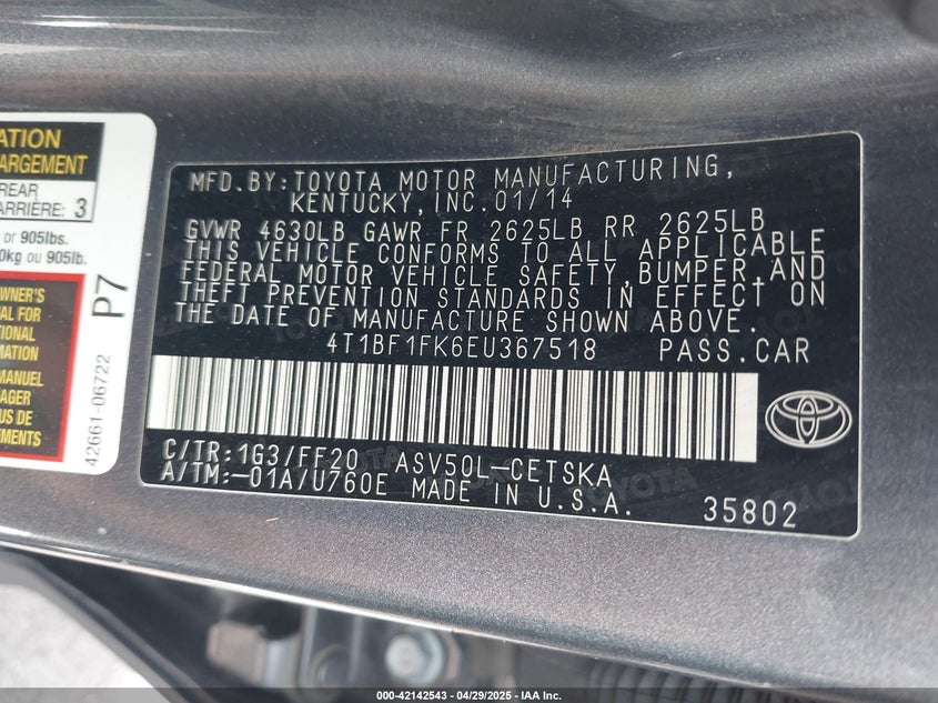 2014 TOYOTA CAMRY VIN: 4T1BF1FK6EU367518