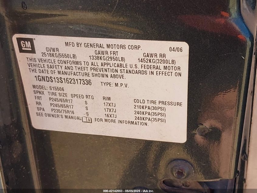 2006 Chevrolet Trailblazer Ls VIN: 1GNDS13S162317336 Lot: 42142553