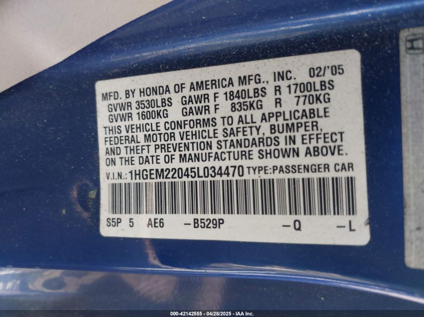 2005 Honda Civic Ex VIN: 1HGEM22045L034470 Lot: 42142555