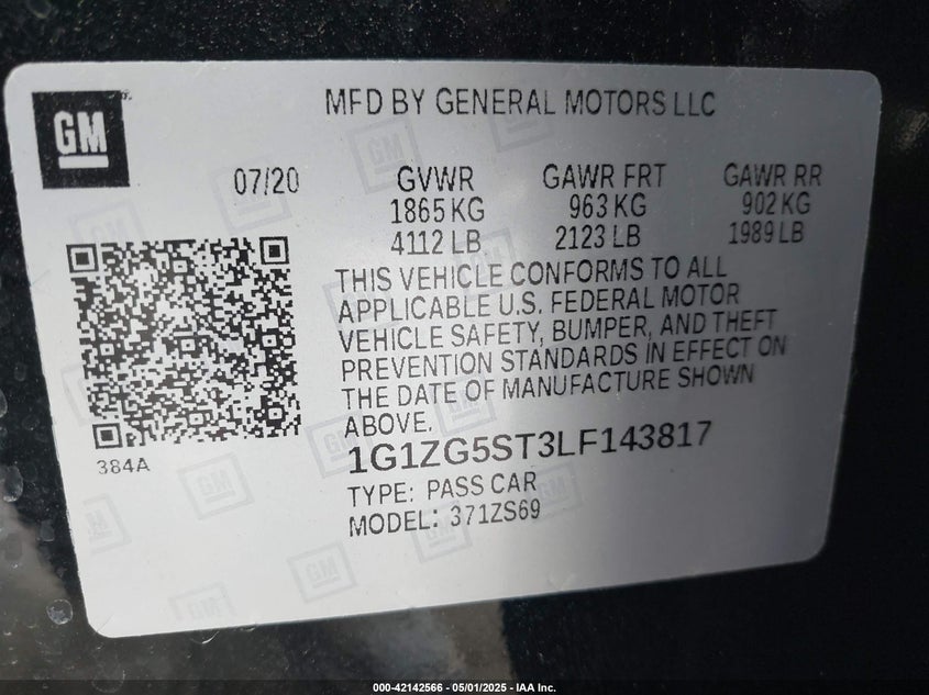 2020 CHEVROLET MALIBU VIN: 1G1ZG5ST3LF143817