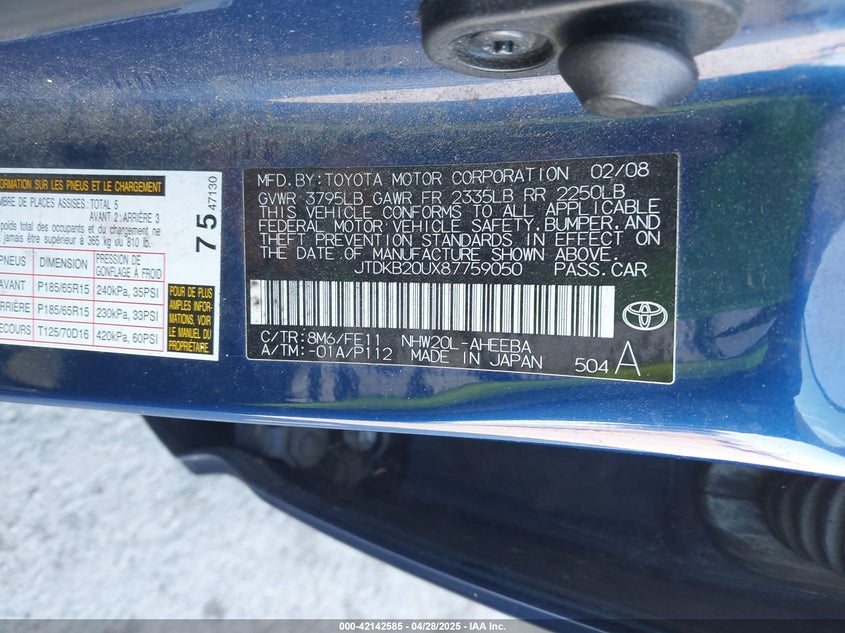 2008 TOYOTA PRIUS VIN: JTDKB20UX87759050