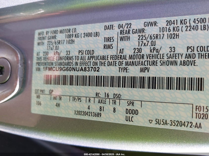 2022 FORD ESCAPE VIN: 1FMCU9G60NUA83702
