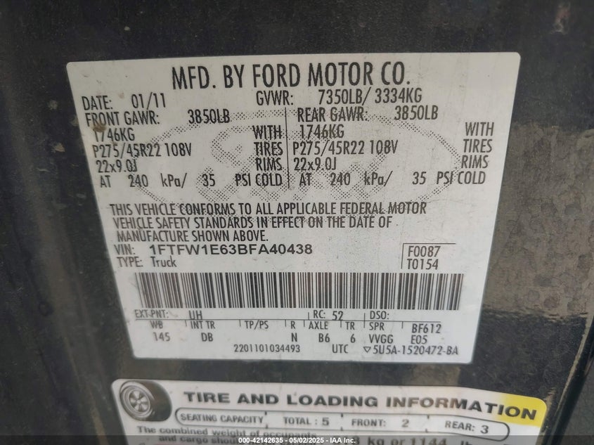 2011 FORD F-150 VIN: 1FTFW1E63BFA40438