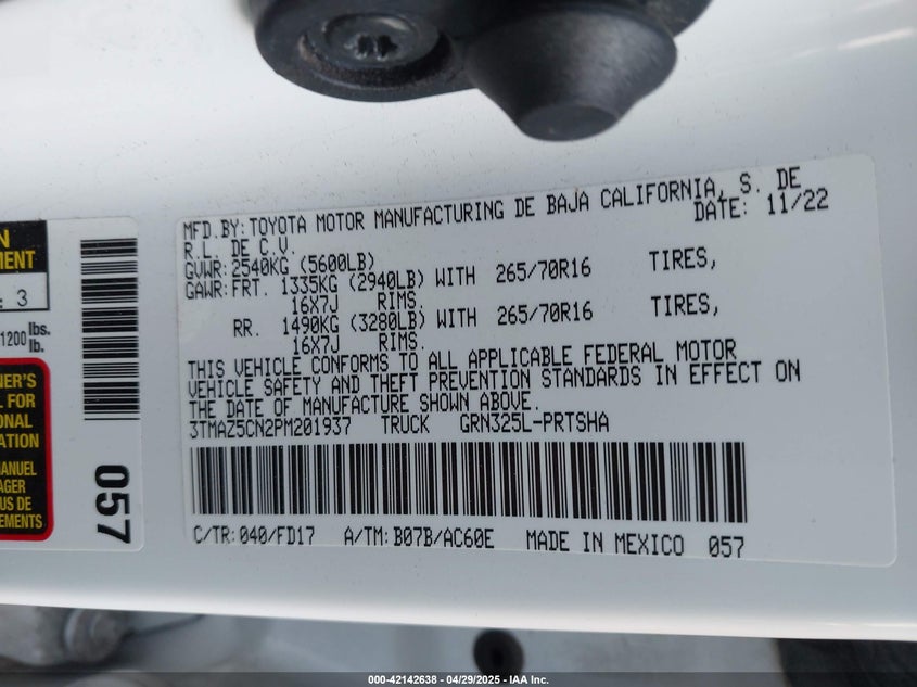 2023 TOYOTA TACOMA VIN: 3TMAZ5CN2PM201937
