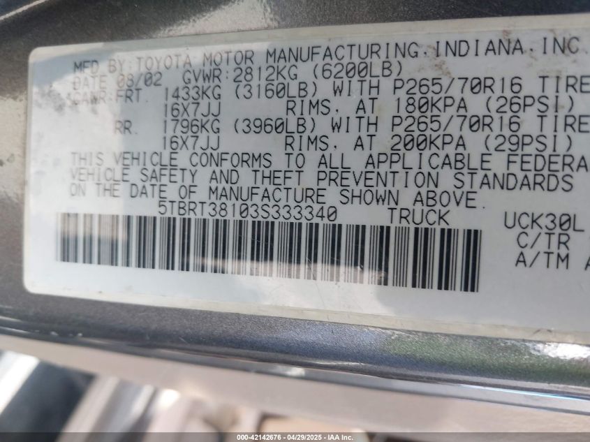 2003 Toyota Tundra Ltd V8 VIN: 5TBRT38103S333340 Lot: 42142676