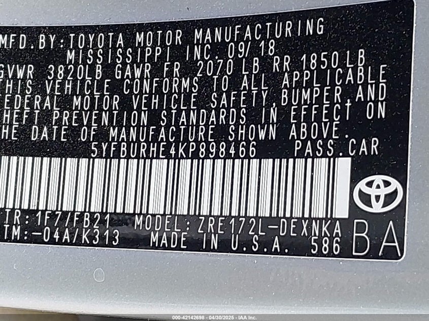 2019 TOYOTA COROLLA VIN: 5YFBURHE4KP898466