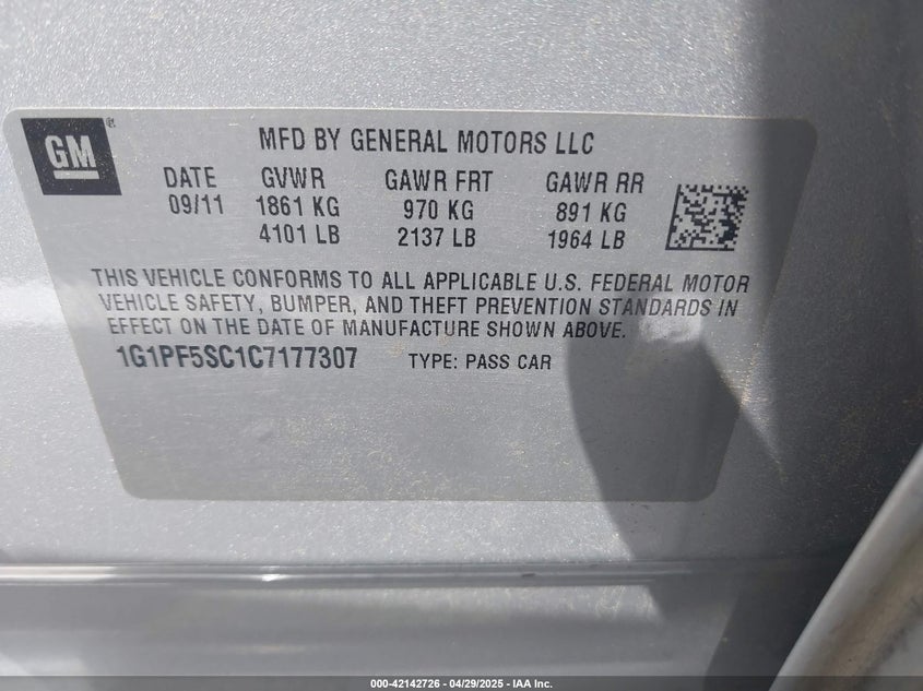 2012 CHEVROLET CRUZE VIN: 1G1PF5SC1C7177307